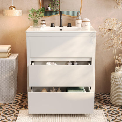 Christopher Knight Home Polla 30" Bathroom Vanity with Ceramic Sink, Wooden Bathroom Vanity Organizer, Soft Closing Door Bathroom Vanity Cabinet, Freestanding Pedestal Sink Storage Cabinet, White
