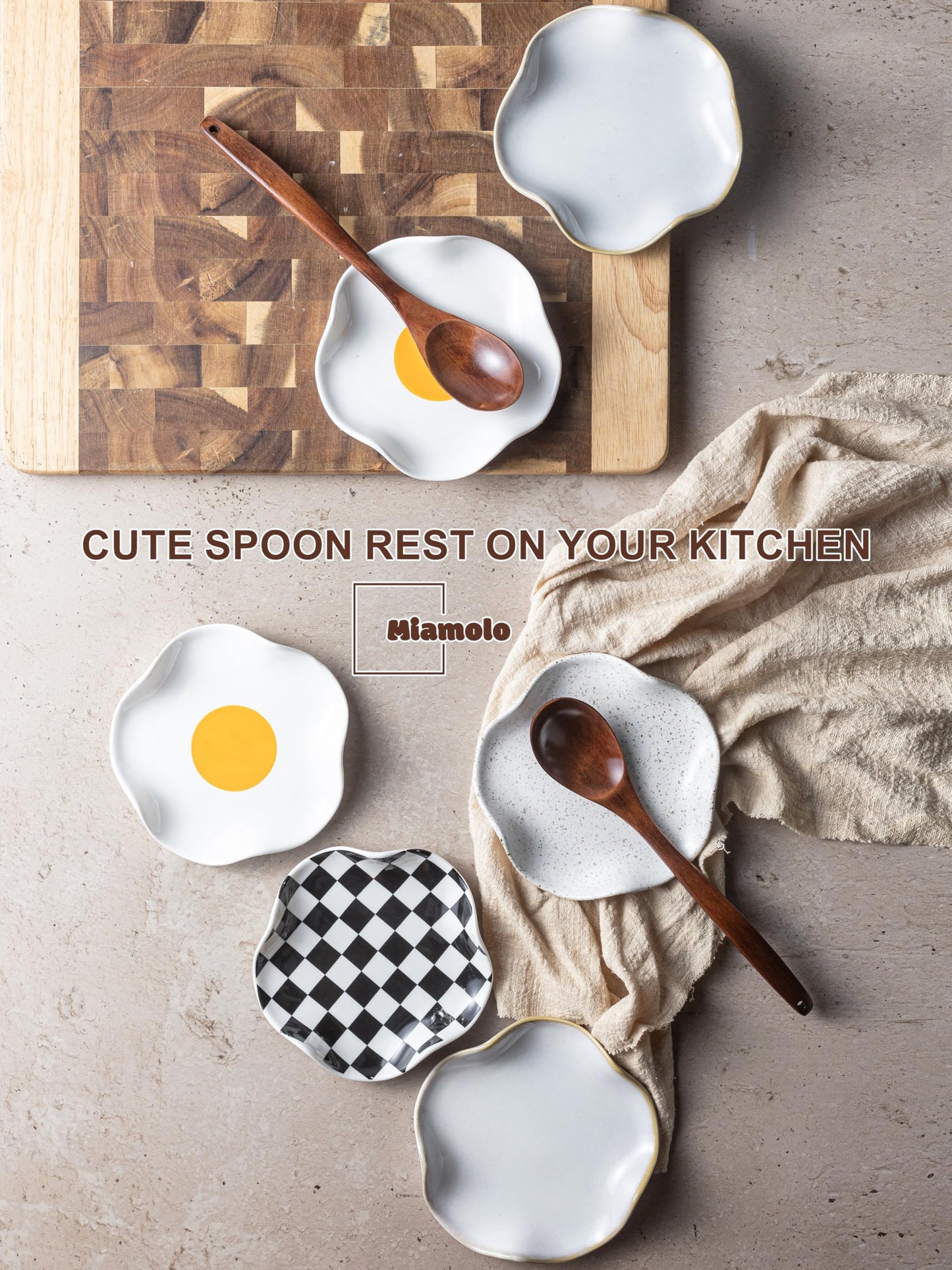 Miamolo Spoon Rest for Stove Top, Spoon Holder for Stove, 5.3In Ceramic Spoon Rest for Kitchen Counter, Coffee Spoon Holder with Ruffled Edge, Farmhouse Spatula Holder for Kitchen Decor, Beige