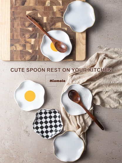 Miamolo Spoon Rest for Stove Top, Spoon Holder for Stove, 5.3In Ceramic Spoon Rest for Kitchen Counter, Coffee Spoon Holder with Ruffled Edge, Farmhouse Spatula Holder for Kitchen Decor, Beige