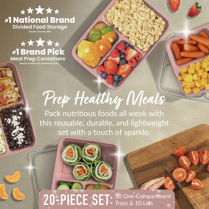 Bentgo Prep - 20-Piece 3-Compartment Reusable Meal Prep Containers with Lids, PFAS & BPA Free Materials, Durable, Microwave, Freezer, & Dishwasher Safe To Go Food Storage (Rosette Glitter)