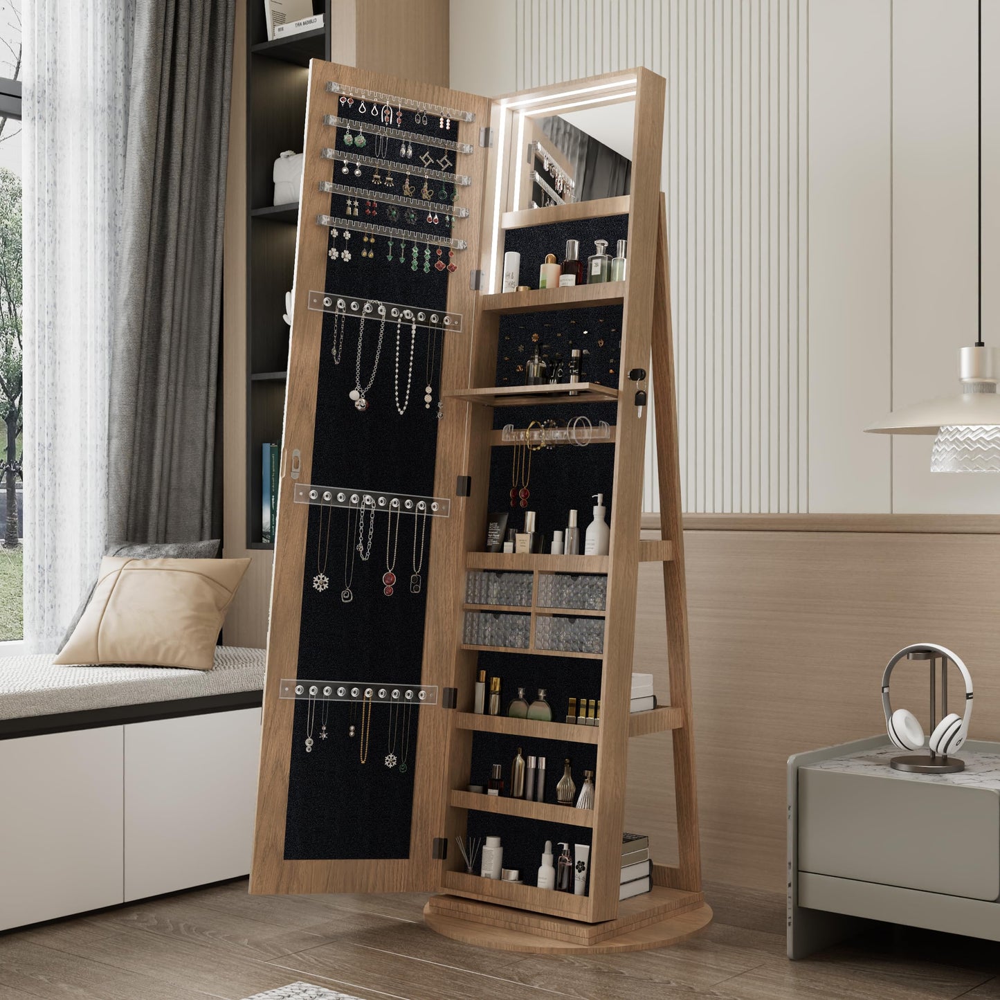 KEIKI 360°Swivel Jewelry Armoire with Full Length Mirror, 62.3" Rotating Standing Jewelry Armoire Organizer, Lockable Storage Cabinet, Interior Lighted Mirror, Walnut