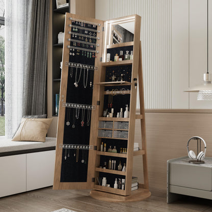 KEIKI 360°Swivel Jewelry Armoire with Full Length Mirror, 62.3" Rotating Standing Jewelry Armoire Organizer, Lockable Storage Cabinet, Interior Lighted Mirror, Walnut