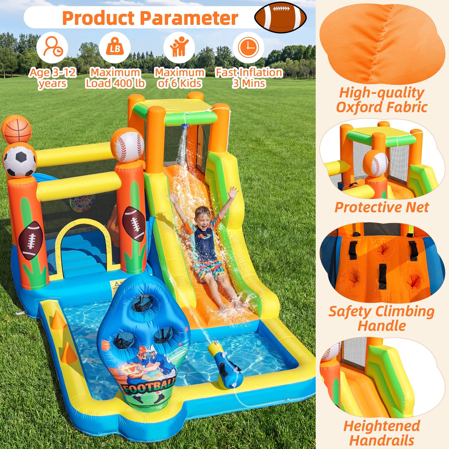 TOAOB Inflatable Water Slide for Kids 3-12: Blow Up Bounce House Backyard Water Park with 480W Blower- 9 in 1 Football-Themed for Outdoor Birthday Party