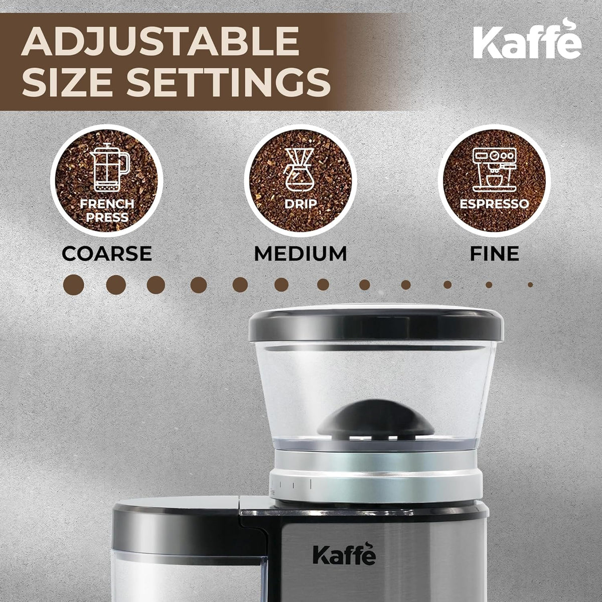 Kaffe Electric Burr Coffee Grinder (5.5oz) with Adjustable Coarseness Settings, Precision Coffee Bean Grinder (Silver)