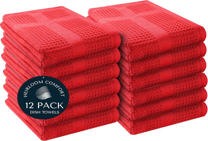 12 Pack 16x26 Inch, 100% Set, Red Waffle Weave Kitchen Towels, Cotton, Absorbent Dishcloth Quick Drying, Durable