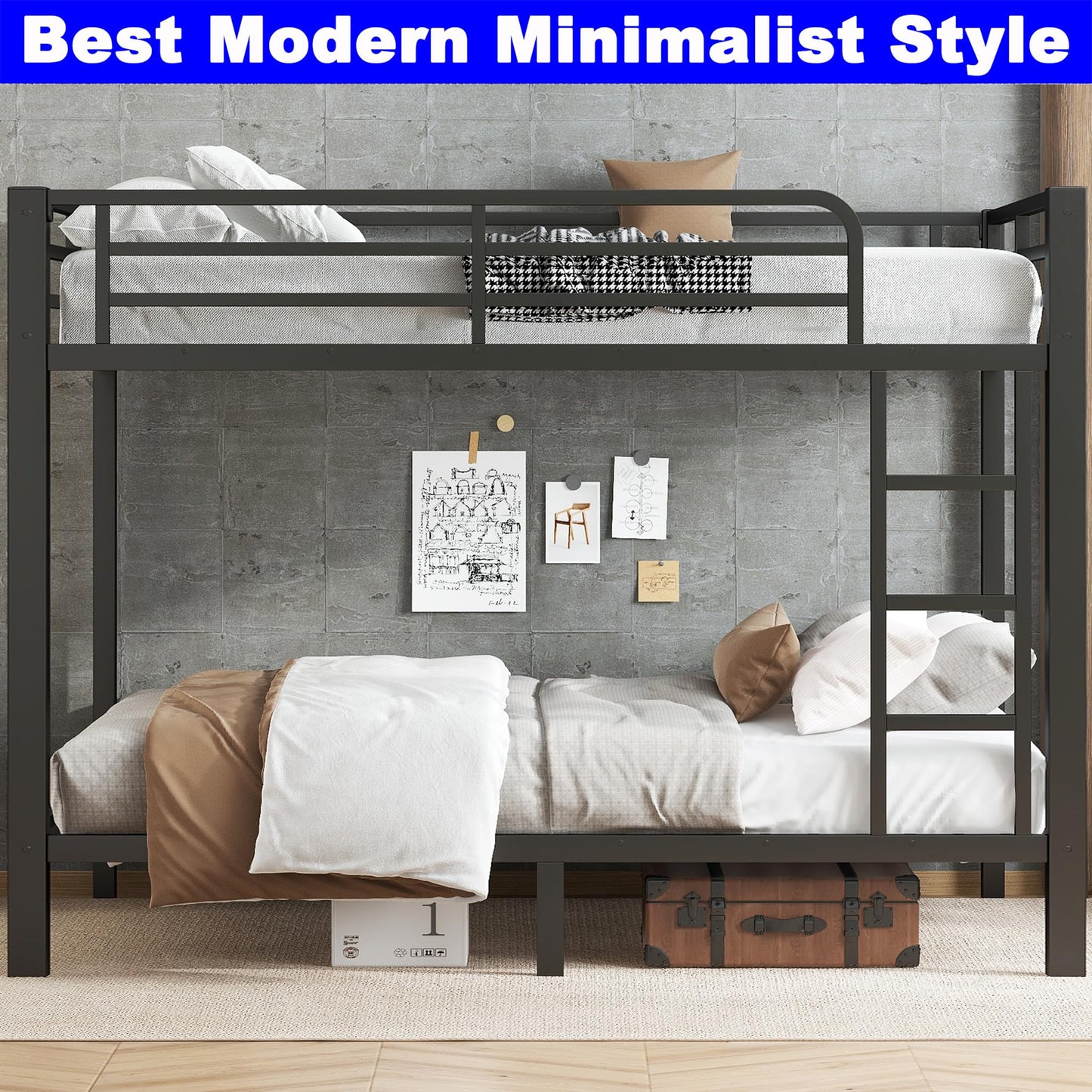 SIMPLEZC Upgraded Version Thickened Heavy-Duty Metal Full XL Over Full XL Bunk Bed, Higher Quality & Stronger Steel Bunk Bed Full XL Size with Ladder and Guard Rail for Adults (Black, Full XL)