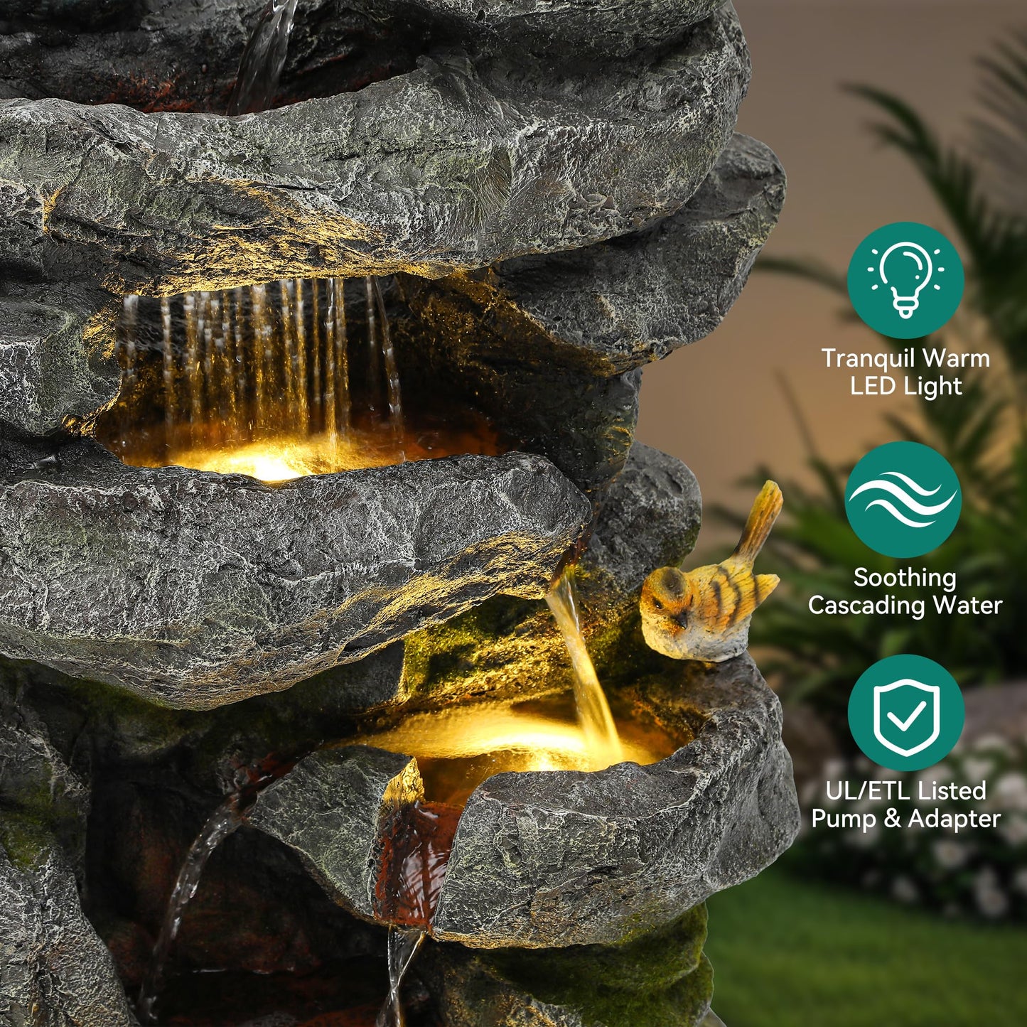 Ultym 31.5" Multi-Tier Rock Outdoor Water Fountain with LED Lights, Cascading Waterfall with Birds for Garden Patio Porch, Weather-Resistant Resin Water Feature for Tranquil Oasis