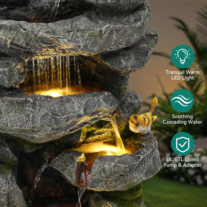 Ultym 31.5" Multi-Tier Rock Outdoor Water Fountain with LED Lights, Cascading Waterfall with Birds for Garden Patio Porch, Weather-Resistant Resin Water Feature for Tranquil Oasis