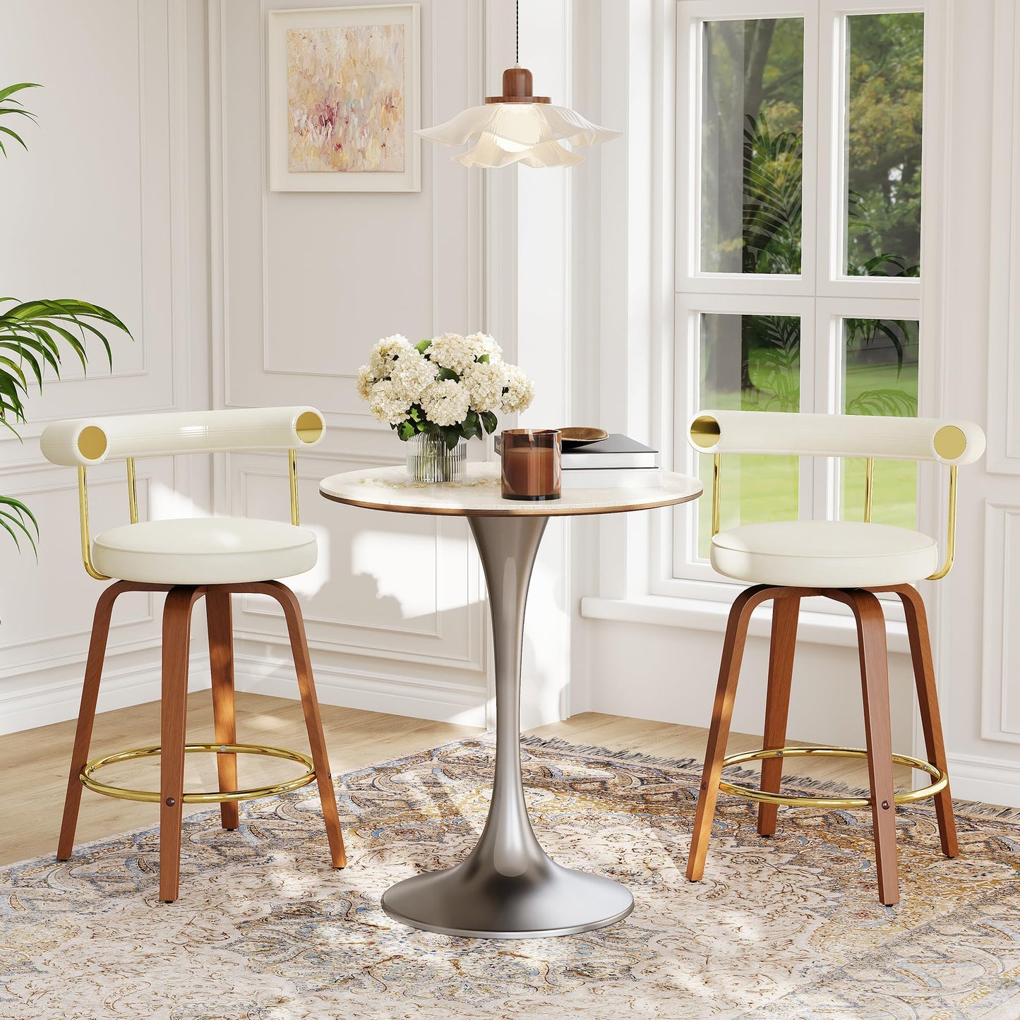 TYBOATLE Swivel Bar Stools Set of 4, Counter Height Bar Stools with Bent Wood Legs and Back, Mid-Century Modern Faux Leather Bar Chairs Island Barstools for Kitchen (4, White)
