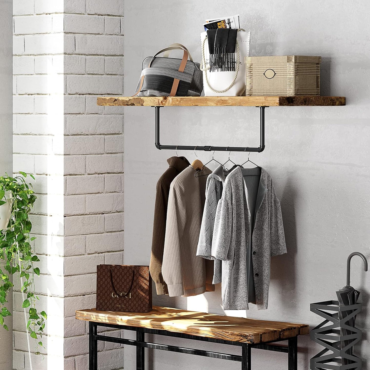 Industrial Pipe Wall Mounted Clothing Rack, Heavy Duty Space-Saving Garment Bar Rack, Detachable Multi-Purpose Hanging