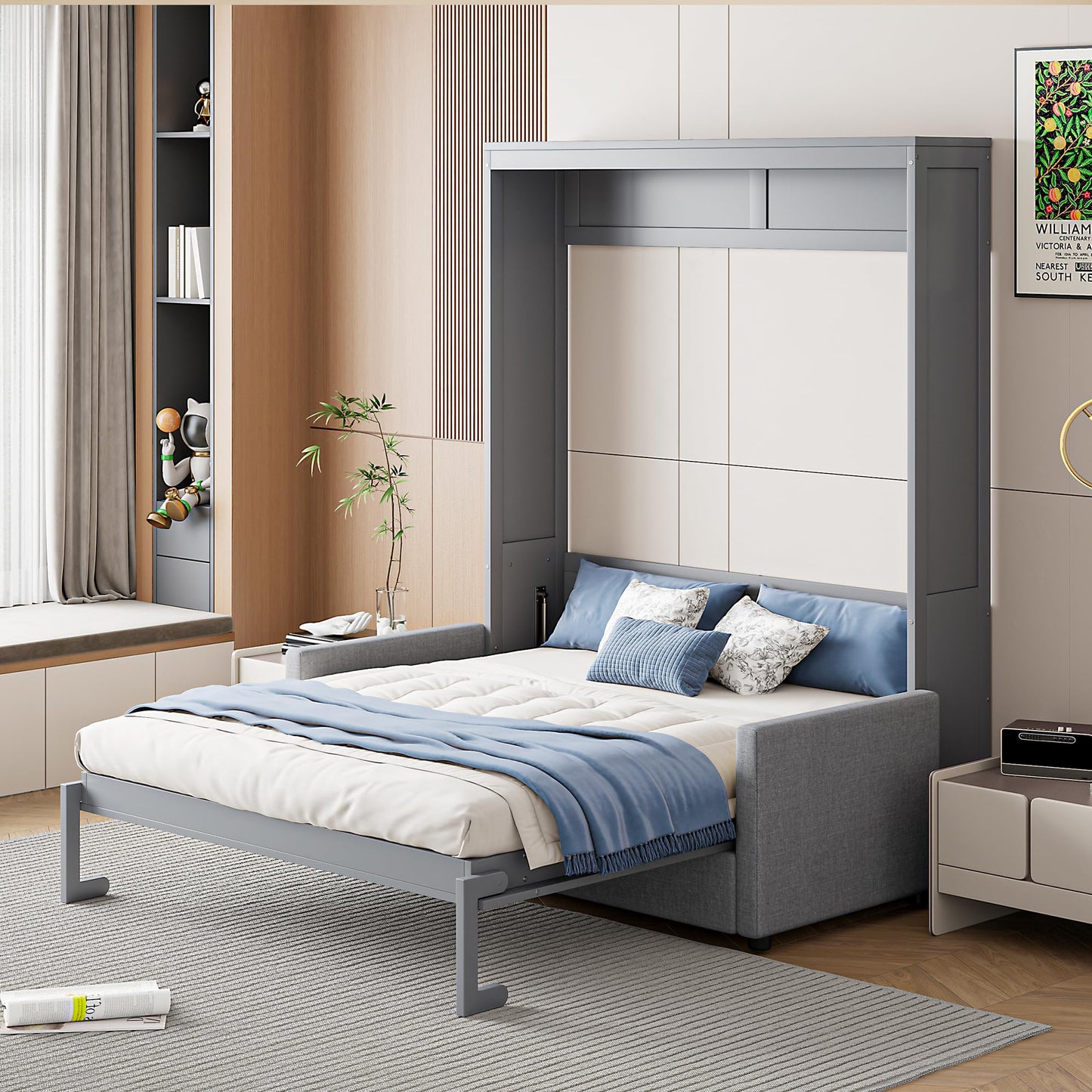 Ball & Cast Murphy Bed Full Size Wall Bed with Sofa,can be Folded,Multifunctional Wood Hideaway Cabinet Bed Frame,Slat Support,Save Space,for Apartment,Guest Room,Gray