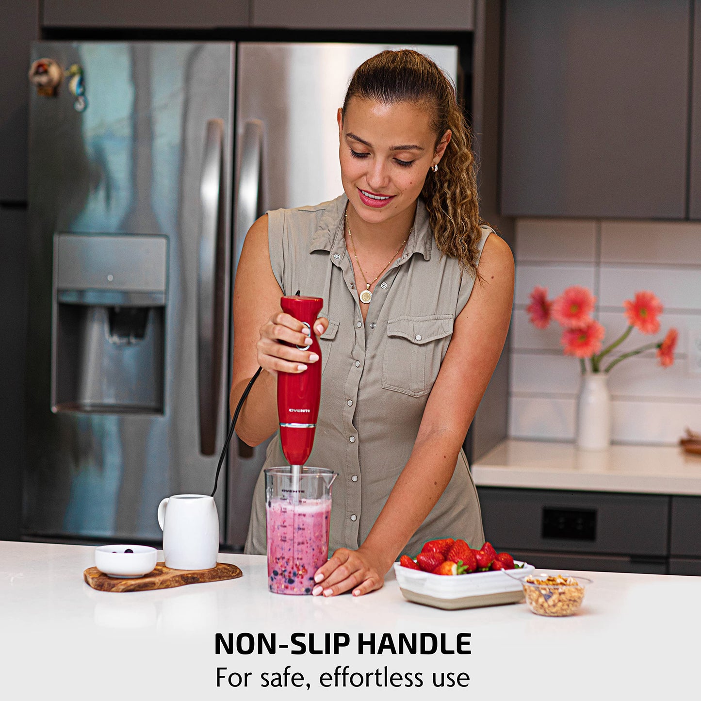 OVENTE Immersion Hand Blender, 300W Electric Handheld Portable Stick Mixer with 2 Mixing Speed and Stainless Steel Blades for Effortless Blending Smoothies, Shakes, Puree or Baby Food, Red HS560R