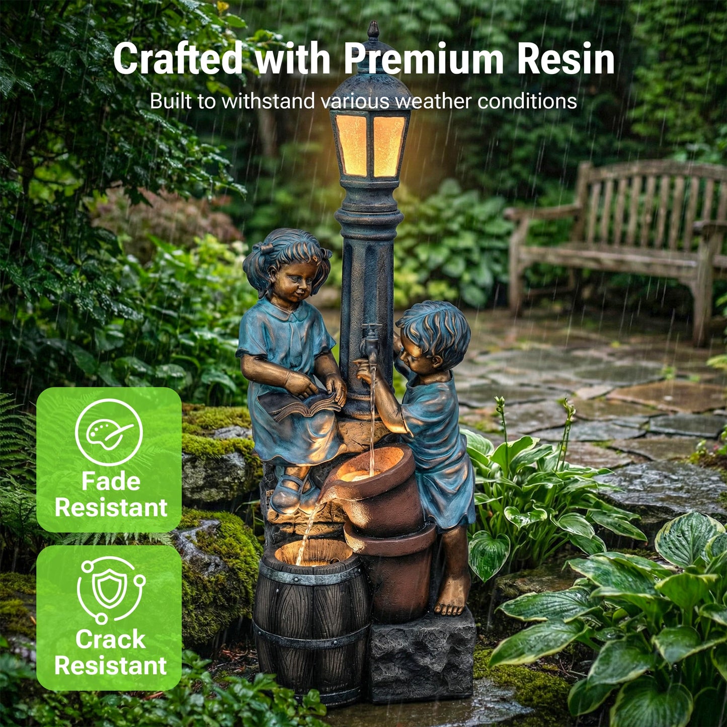 Dalxo 47-Inch Outdoor Water Fountain, 3-Tier Boy and Girl Resin Waterfall Fountain, with Soothing Water Sound & 3 Warm LED Lights, Home Decor for Garden, Patio, Yard, Deck or Lawn in Brown and Blue