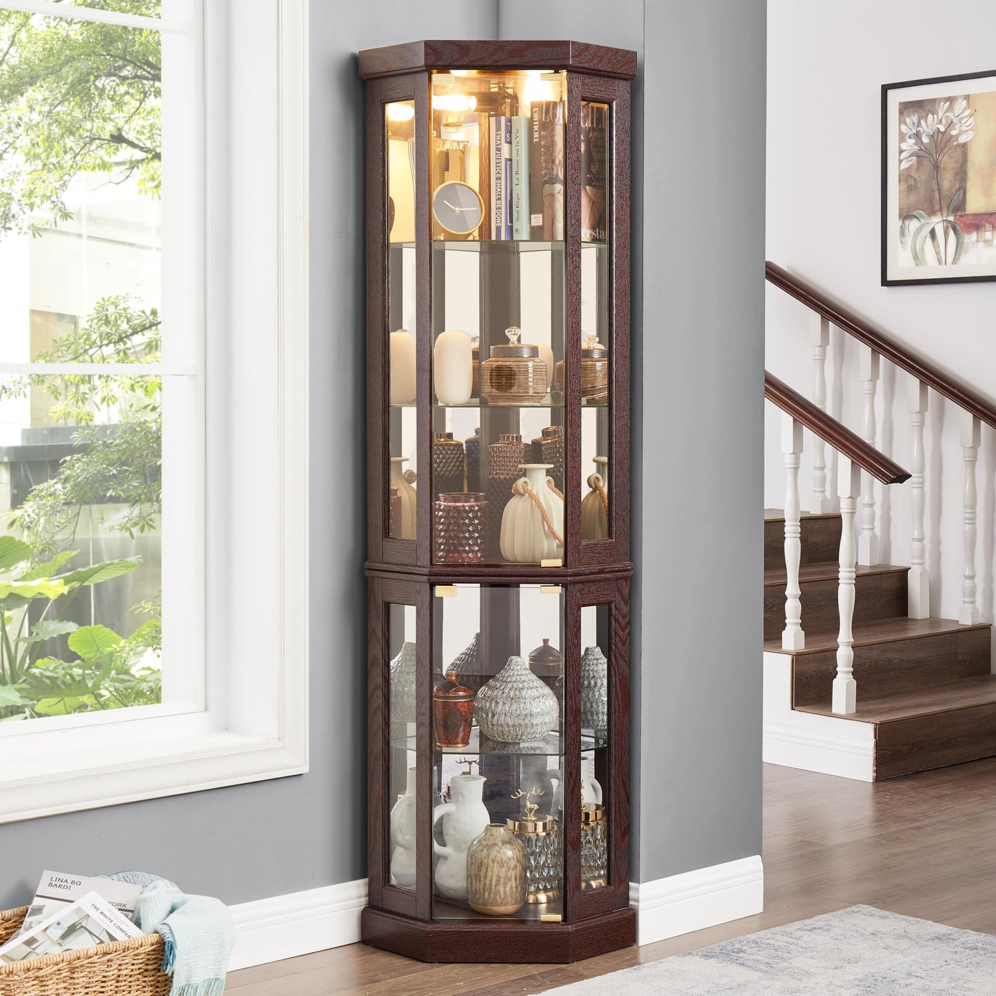 KEIKI 70" Corner Glass Display Cabinet with Adjustable Shelves, for Collectibles, Storage Curio Cabinet with Side-Hung Pane Doors, 5-Tier Showcase Display Case, Easy Assembly, for Living Room, Cherry