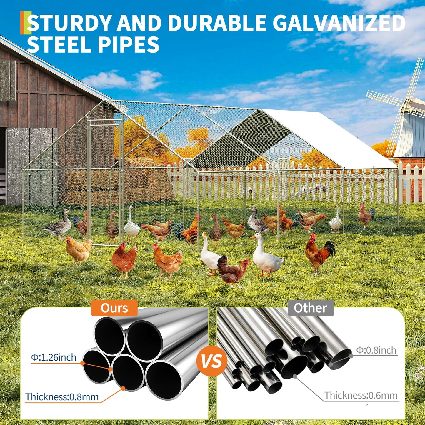 Garvee Large Metal Chicken Coop, Chicken Coop Run, Outdoor Chicken Pen with Waterproof & Anti-UV Cover, Large Chicken Run for Outdoor Farm Yard (19.7 ft L x 6.6 ft W x 6.6 ft H)