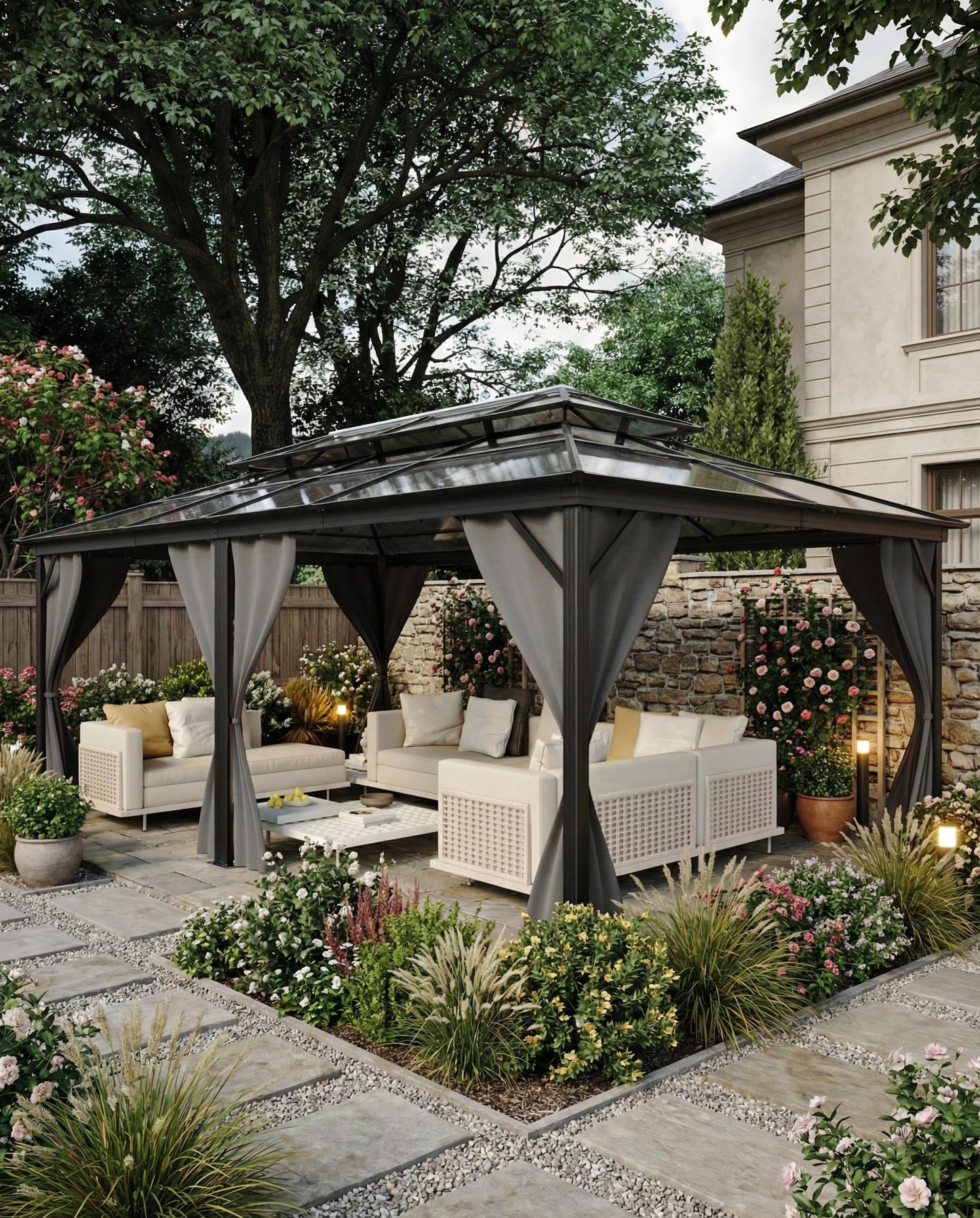 12'x20' Hardtop Gazebo, Permanent Outdoor Pavilion Gazebo with Double Polycarbonate Roof, UV Protection, Aluminum Alloy Frame, Netting & Curtains Included for Patio/Backyard/Lawn/Garden, Gray