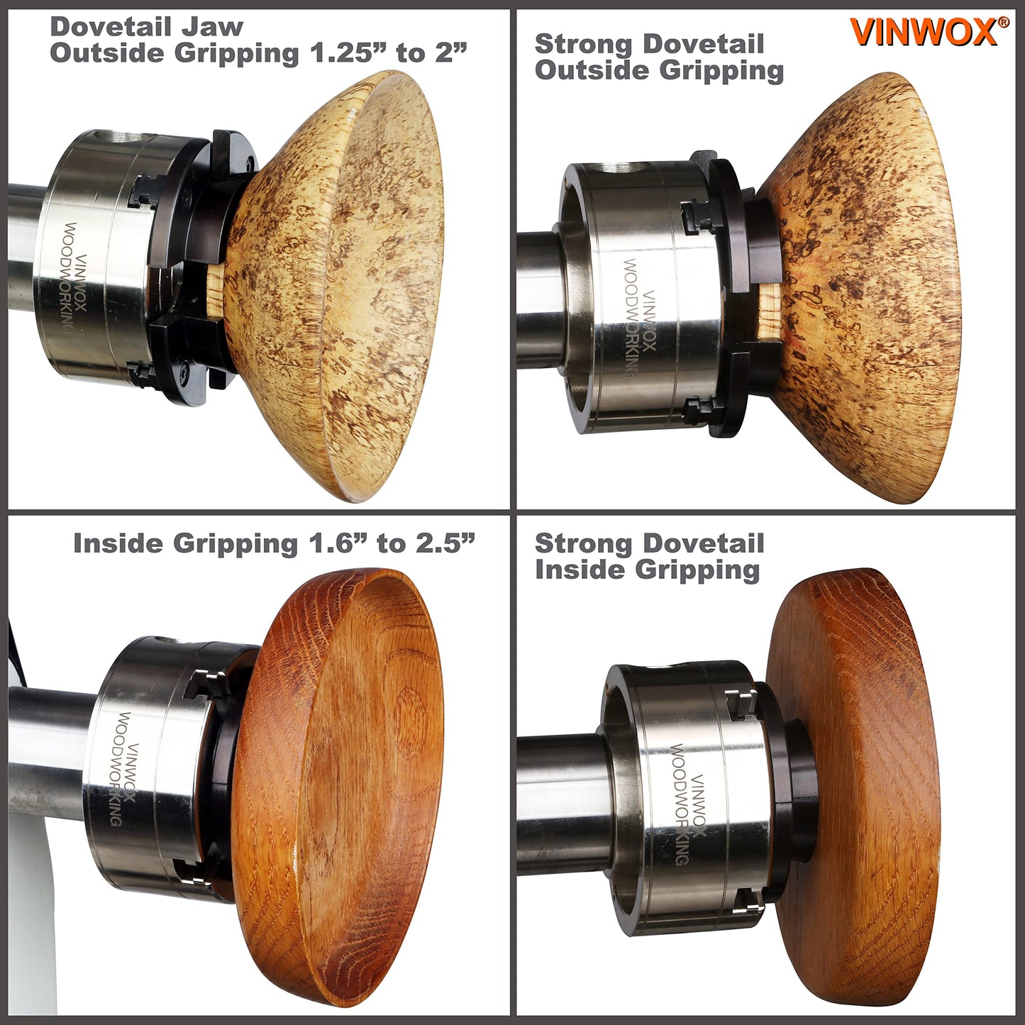 VINWOX 3-1/2INCH Self-Centering Wood Lathe Key Chuck Set, Round Jaw Mounted, with Step Jaw, Pin Jaw & Wide Jaw, 1"x8TPI Thread & 3/4"x16TPI Adapter, SCK4-3.5NV-SET, Nickle Coating NOVA Chuck Body
