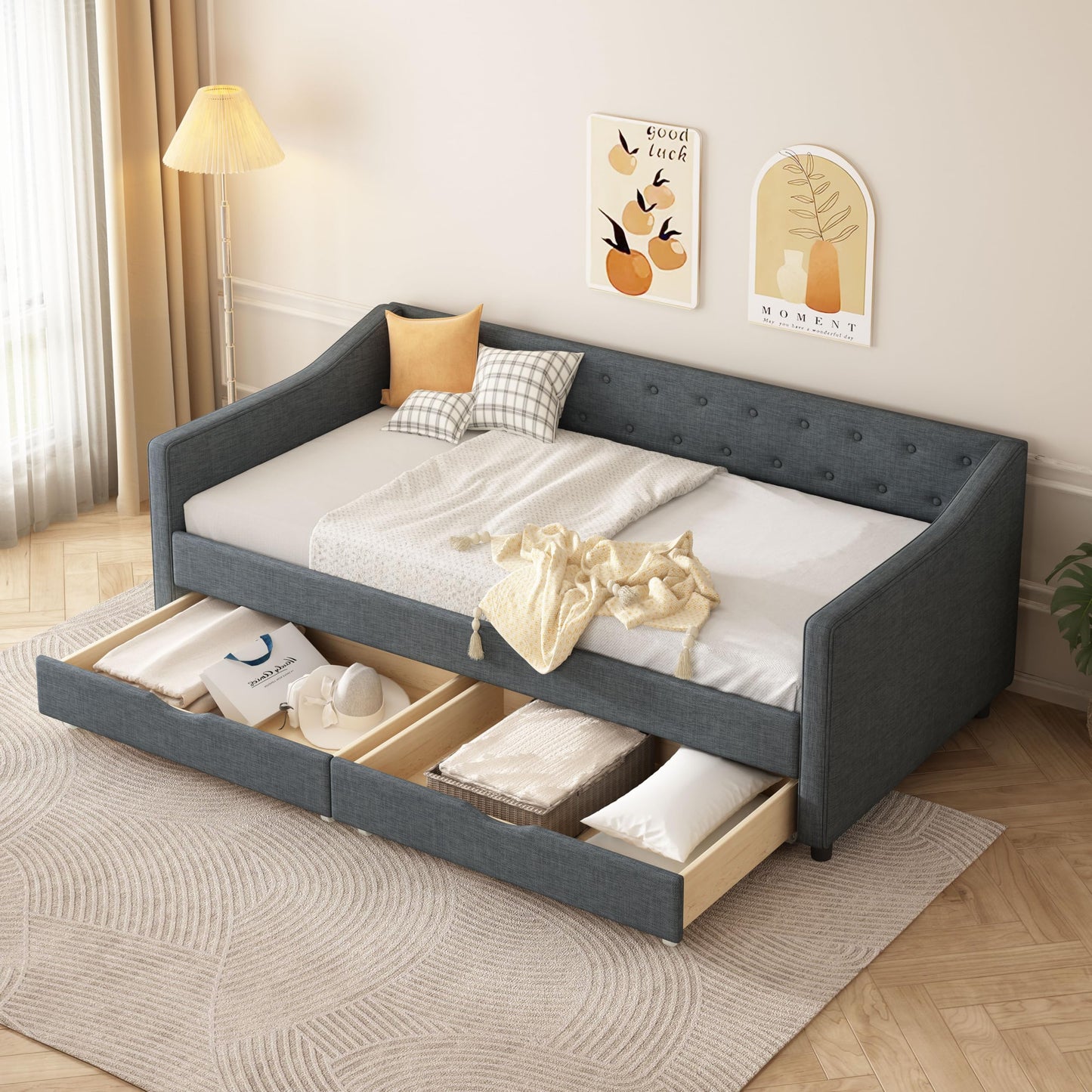 Ball & Cast Twin Size Daybed with Storage Drawers,Linen Upholstered Day Bed Frame with Button Tufted Back and Waved Shape Arms for Bedroom,Guest Room,No Box Spring Needed,Dark Grey