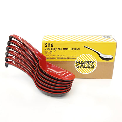 Happy Sales Melamine Soba, Rice Spoons, Chinese Won Ton Soup Spoon, Asian Red and Black, 6 Pack Notch & Hook Style