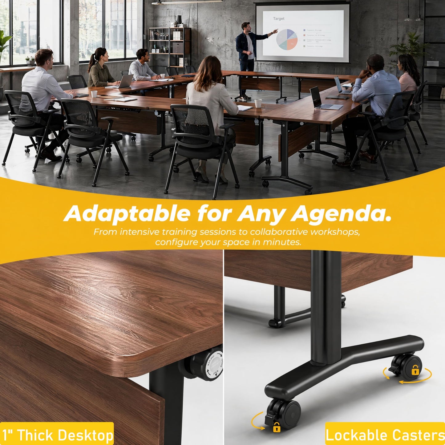 Modular Folding Conference Room Table with Wheels - 6 Pack Flip Top Mobile Training Table,Modern Meeting Tables 2-30 Person,Walnut,70.9"x21.6"x29.5"