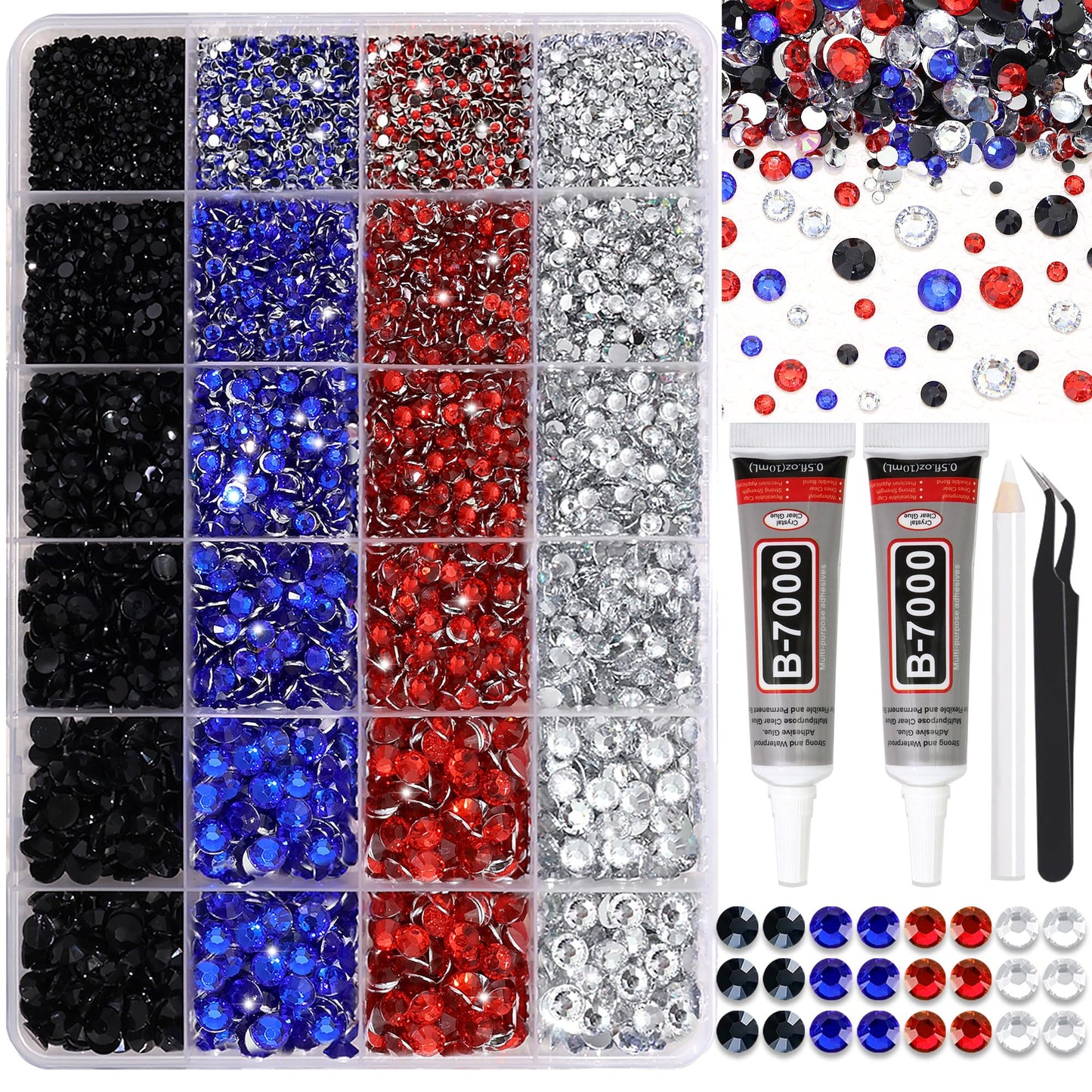 RODAKY Blue Red Rhinestone Flatback Resin Gems Mixed Size Resin Rhinestones for Bedazzling 4th of July Crystal Jewels Clear Black Gem Beads for Crafting Design Face Makeup Clothing