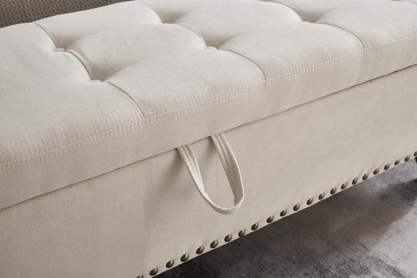 GDFStudio 59" Mid-Century Modern Rectangle Storage Ottoman Bench, Button Tufted Lift-Top Linen Ottoman Foot Rest with Solid Legs and Nailhead Trim, Upholstered Oversized Pouf for Living Room, Beige