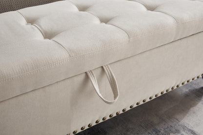 GDFStudio 59" Mid-Century Modern Rectangle Storage Ottoman Bench, Button Tufted Lift-Top Linen Ottoman Foot Rest with Solid Legs and Nailhead Trim, Upholstered Oversized Pouf for Living Room, Beige