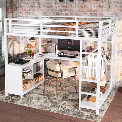 Bellemave Full Size Loft Bed with Desk & Wardrobe, All-in-One Metal Loft Beds Frame with Storage, Space Saving Loft Bed Full Size for Teen, Adult, Apartment, Dorm, White