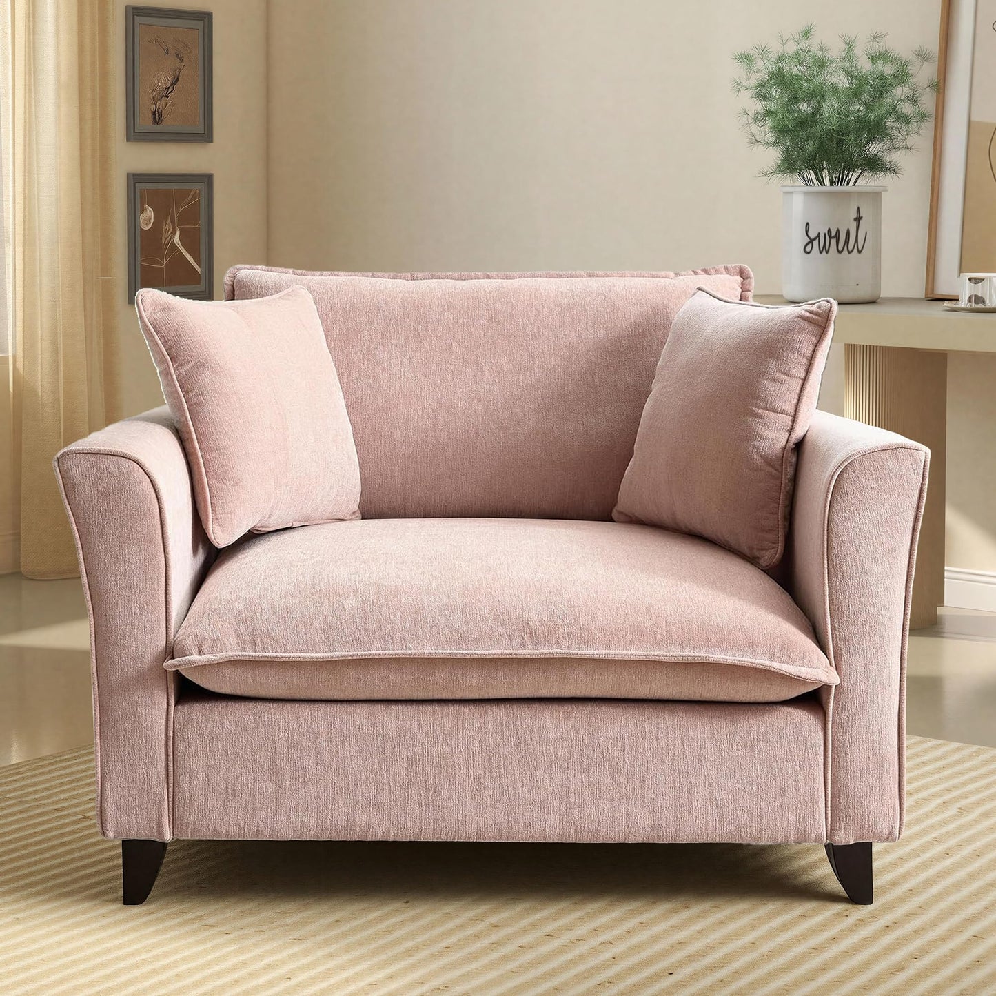 ERYE 46.9" Chenille Upholstered Accent Chair Wide Seat for Living Room Bedroom, Modern Leisure Cushion Armchair W/ 2 Pillows and Removable Cover for Home Apartment Office