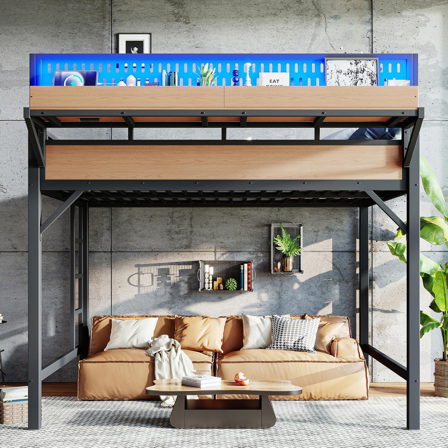 KEIKI Queen Size Loft Bed Frame with Storage Shelves & Pegboard, Modern Metal Loft Bed with USB Ports and LED Lights for Adults Studio Apartments Home Offices & Multifunction Bedrooms