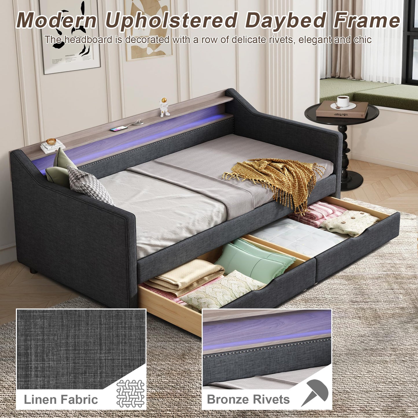Ball & Cast Twin Size Daybed with Storage,Linen Upholstered Day Bed with 2 Drawers, Daybed Frame with USB Port and Smart LED Light,Wood Slat Support,No Box Spring Needed,Dark Grey