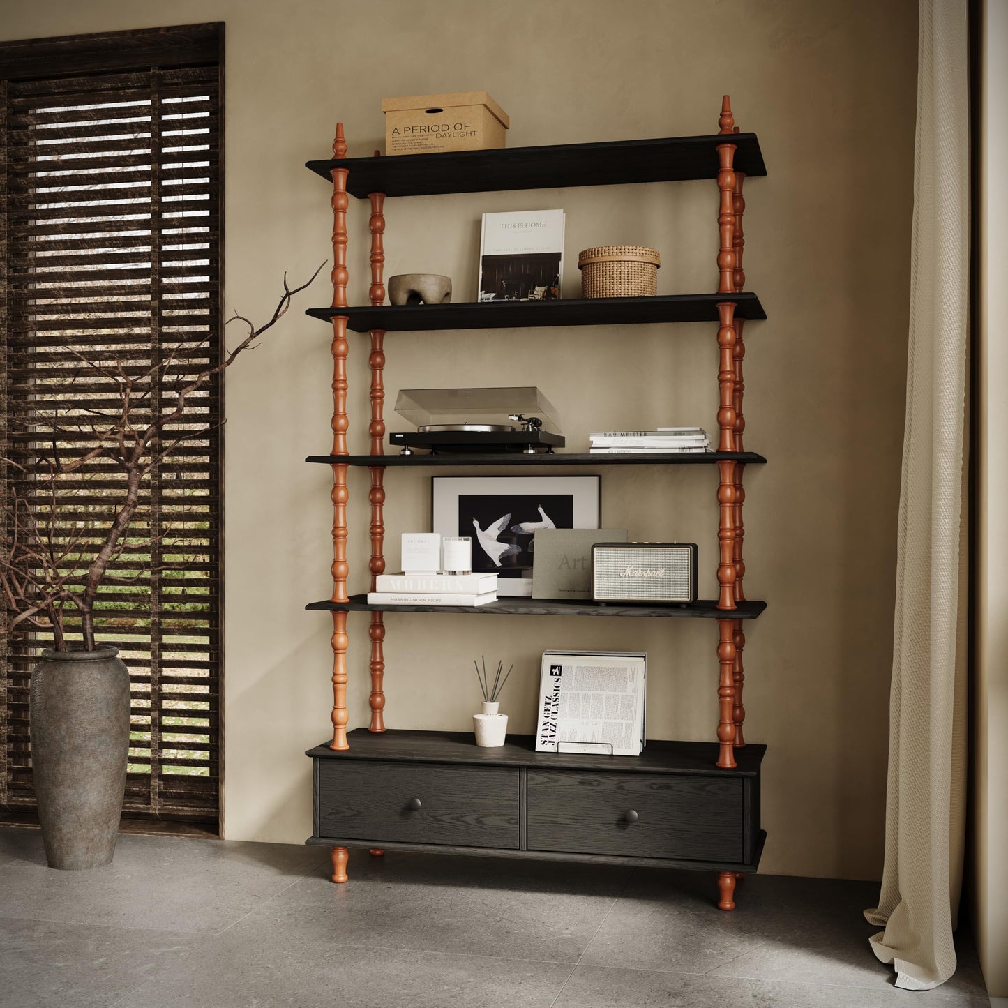 KEIKI 74.4 Inch Bookcase Shelf, 5 Tier Wood Book Shelf, Large Open Shelves with Storage Drawers, Solid Wood Veneered Free Standing Shelves for Living Room, Study Room, Black
