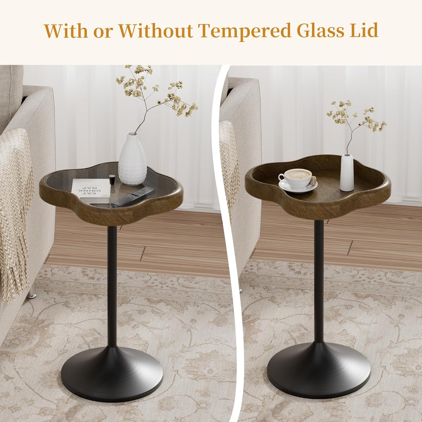 Aoligrace Small Side Table, Solid Wood End Table with Tempered Glass Top, Unique Drink Pedestal Table with Storage