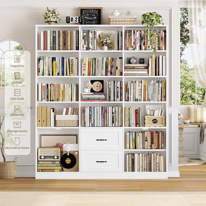 HOSTACK 71" Tall Triple Wide Bookshelf with Doors & Drawers, Modern Wood Bookcase for Storage, 6-Tier Large Bookcase with Display Shelves, Space-Saving Bookshelf for Living Room, Home Office, White