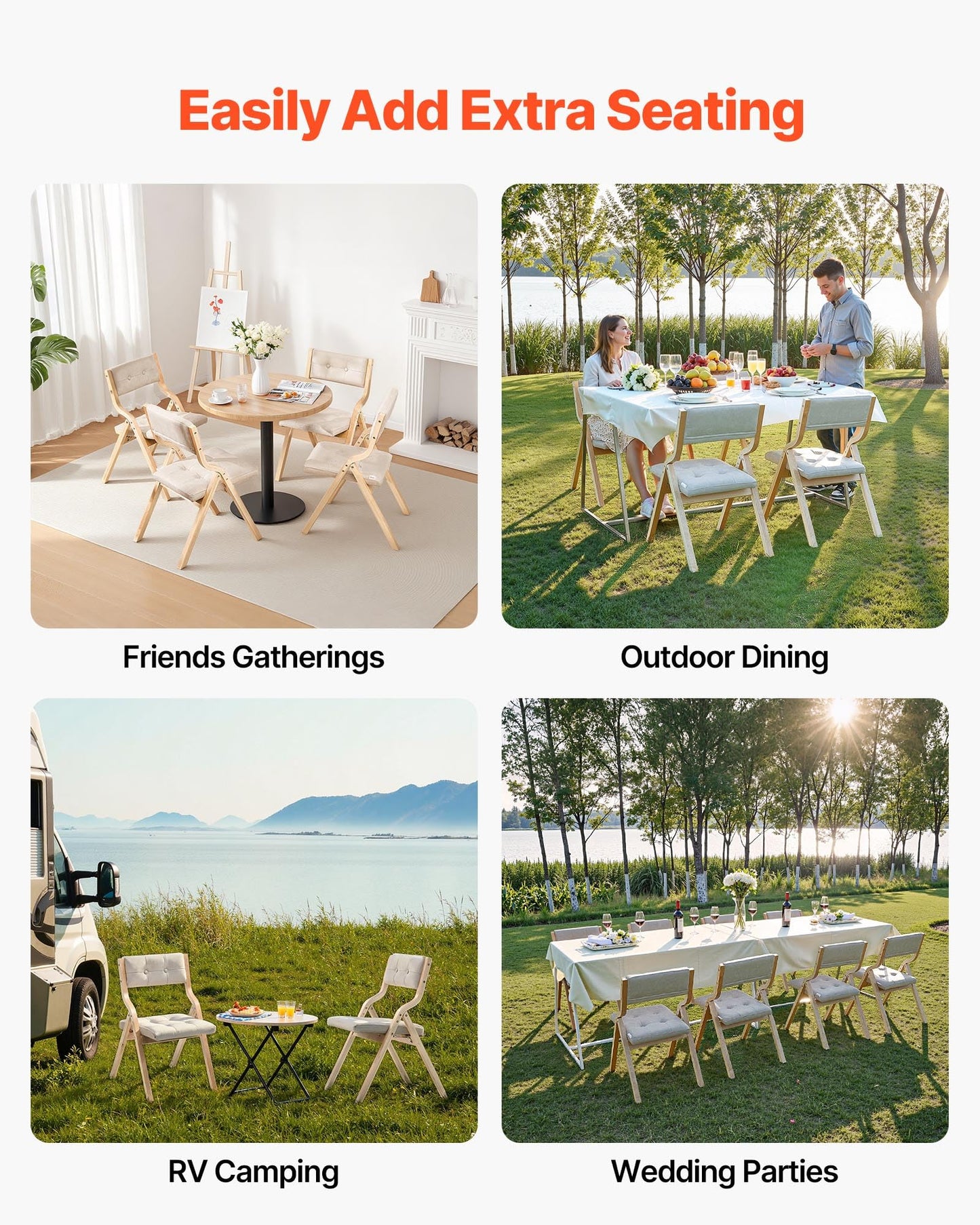 VEVOR Wooden Folding Chairs with Cushion, Set of 4, Portable Foldable Cushion Chair with Wooden Frame, Modern Padded Dining Chair for Kitchen, Office, Wedding, Party, Dining Room, Easy Assembly, Beige