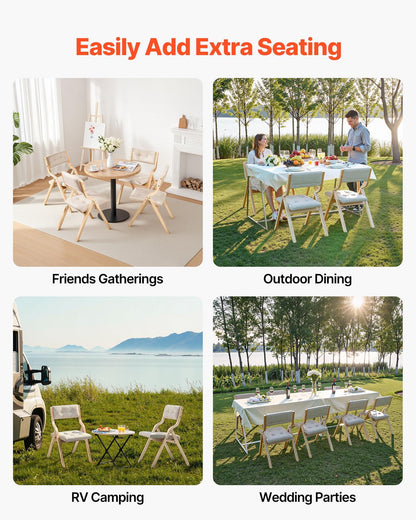 VEVOR Wooden Folding Chairs with Cushion, Set of 4, Portable Foldable Cushion Chair with Wooden Frame, Modern Padded Dining Chair for Kitchen, Office, Wedding, Party, Dining Room, Easy Assembly, Beige