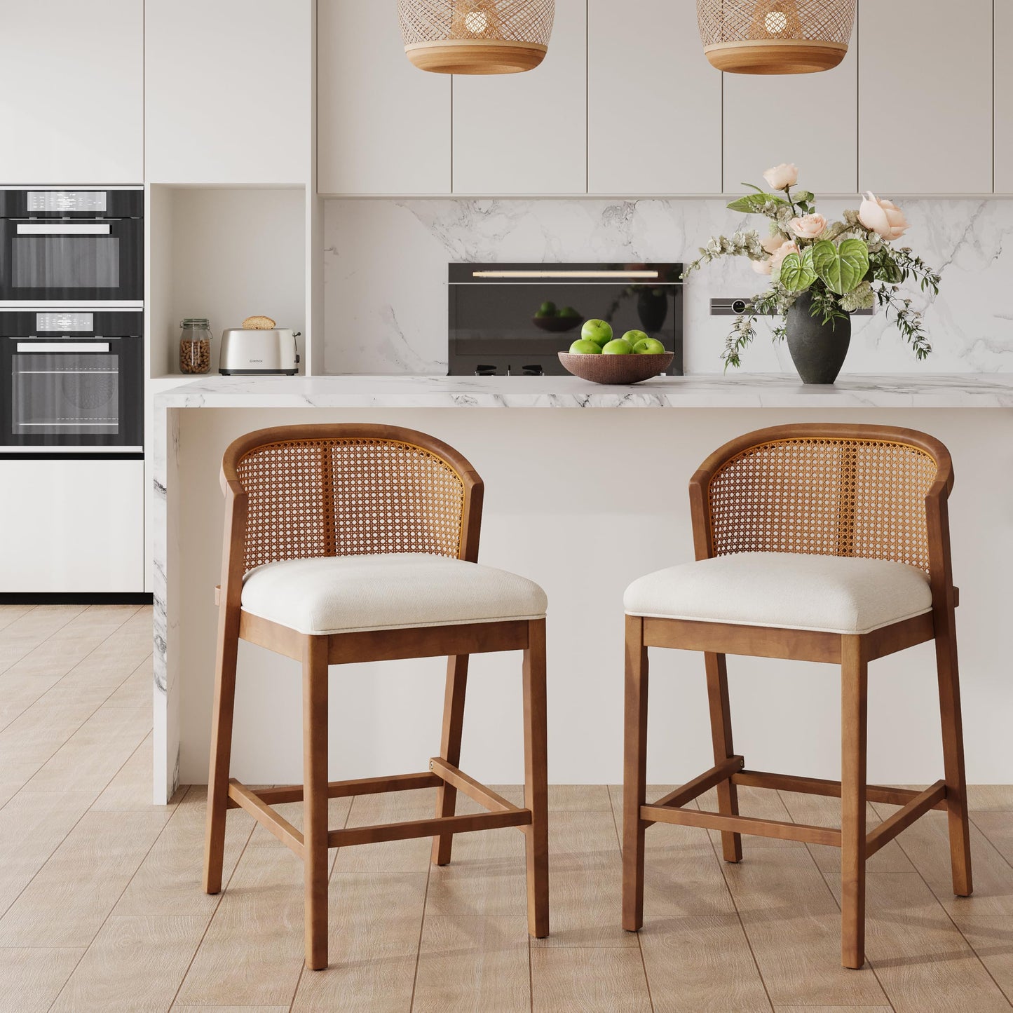 Christopher Knight Home JENA Rattan Counter Stools Set of 2, Counter Height Bar Stools for Bar Table, Rubberwood Frame with Upholstered Barstools, Wood Accent Chair with Footrest, Beige + Walnut