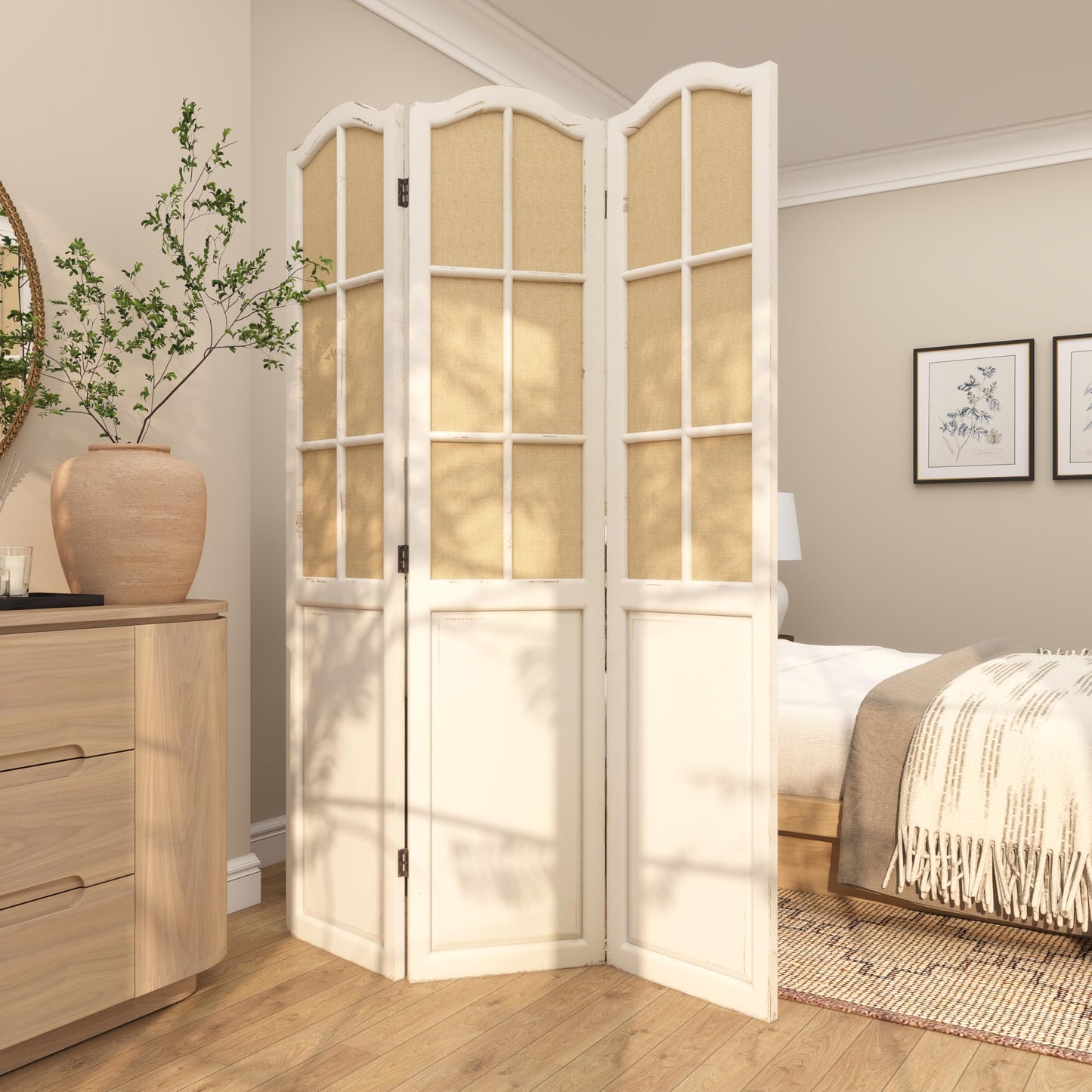 Deco 79 Wood Partition Room Divider Screen Hinged Foldable Partition 3 Panel Privacy Screen with Burlap Window Pane Design, Room Partition 48" x 1" x 71", Beige