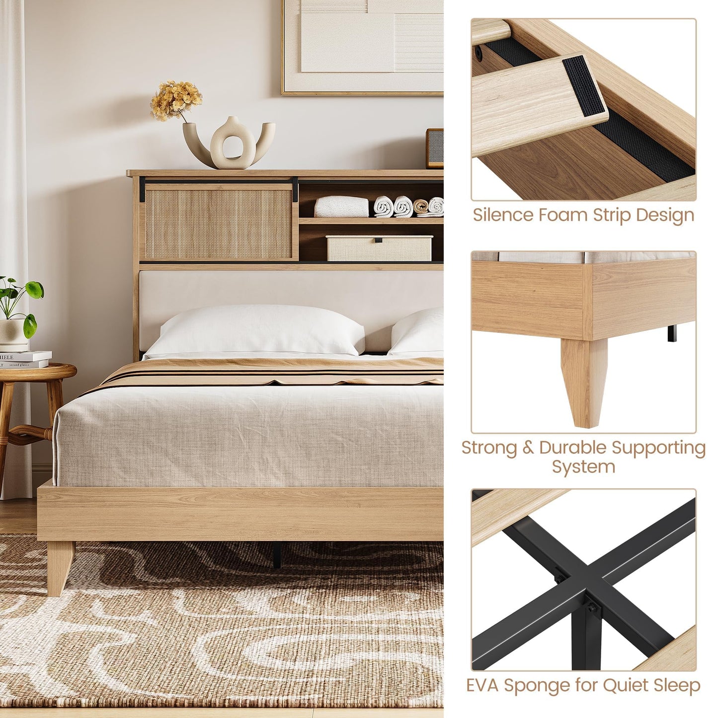 GarveeHome Queen Size Solid Wood Bed Frame with Storage Headboard, Rattan Upholstered Bookcase Headboard with Sliding Doors & Charging Station, No Bos Spring Needed