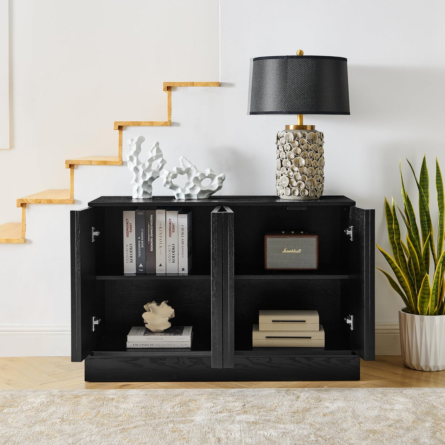 KEIKI Wood Sideboard Buffet Cabinet with Storage, 4 Door Farmhouse Cupboard w/Adjustable Shelves, Console Table for Kitchen, Dining/Living Room, Black