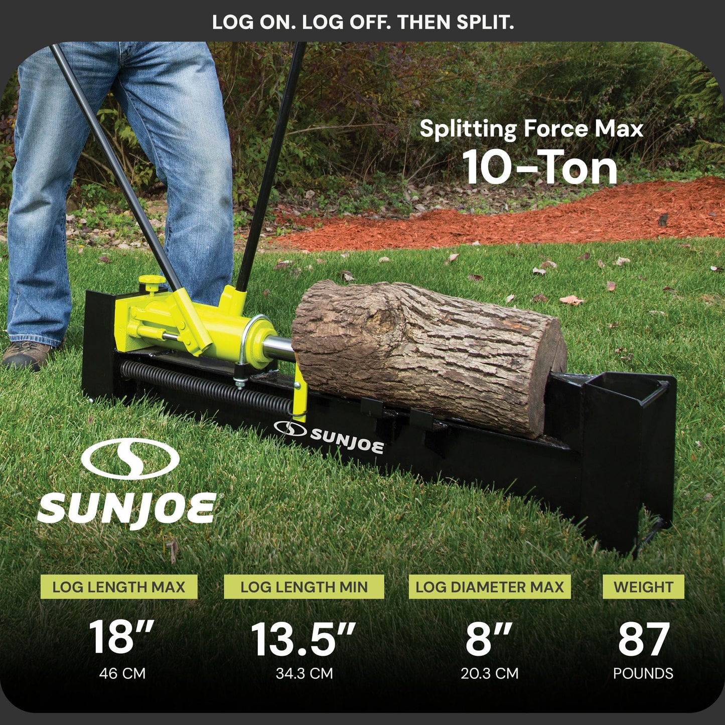 Sun Joe Cordless Manual Hydraulic Steel Beam Log Splitter, Portable and Compact, 10 Ton Capacity - Wood Splitting Machine and Equipment for Fireplace, Firewood, & Fire Stove Logs, LJ10M