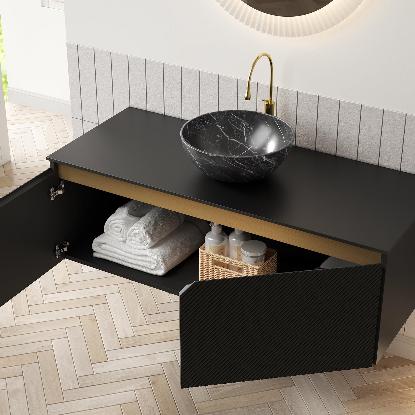 48" Floating Bathroom Vanity with Vessel Sink, RUBEN Wall Mounted Plywood Cabinet, Sintered Stone Countertop, Twill Double Doors with Metal Trim, Modern Storage Unit, Bowl Black Stone Ceramic Basin