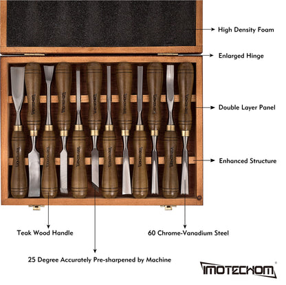 IMOTECHOM 12-Pieces Woodworking Wood Carving Tools Chisel Set with Wooden Box, Razor Sharp CR-V 60 Steel Blades