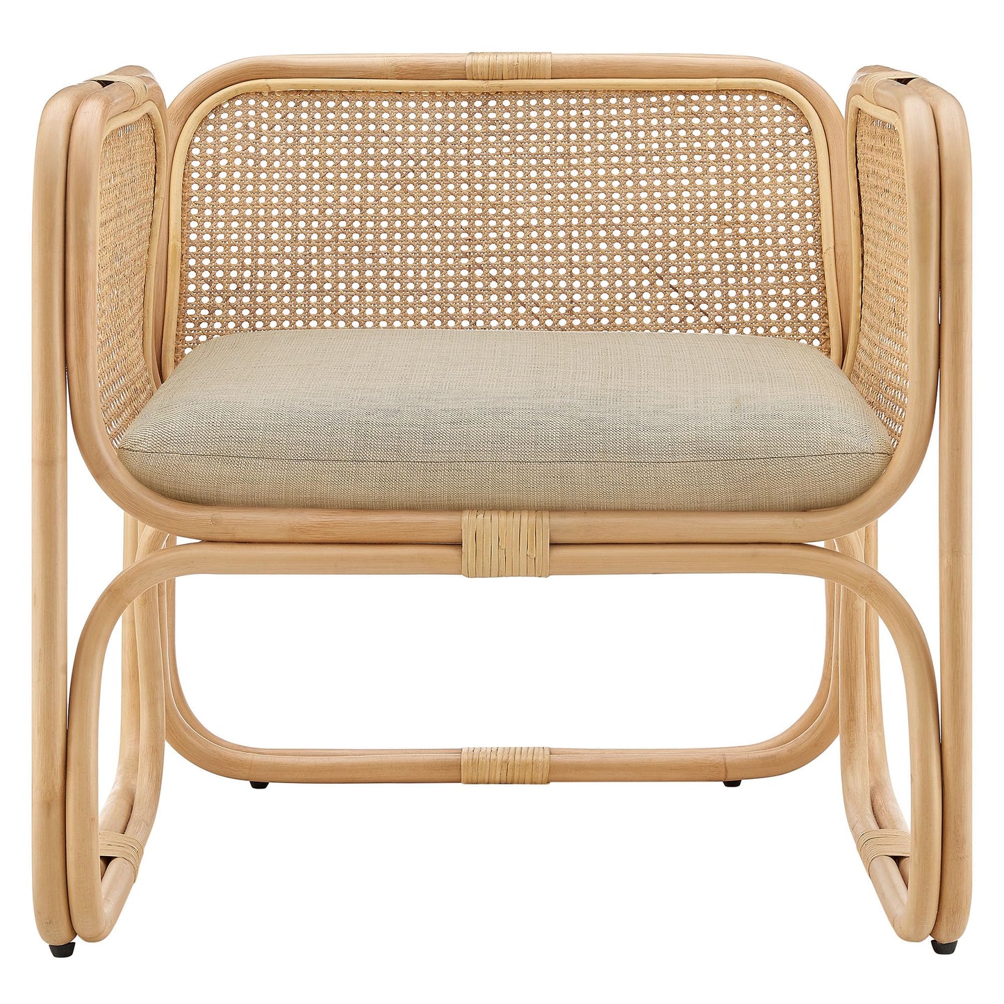 Ellis Natural Rattan Accent Armchair in Natural – Curved Low Lounge Chair with Cushioned Seat for Living Room, Sunroom, or Covered Patio