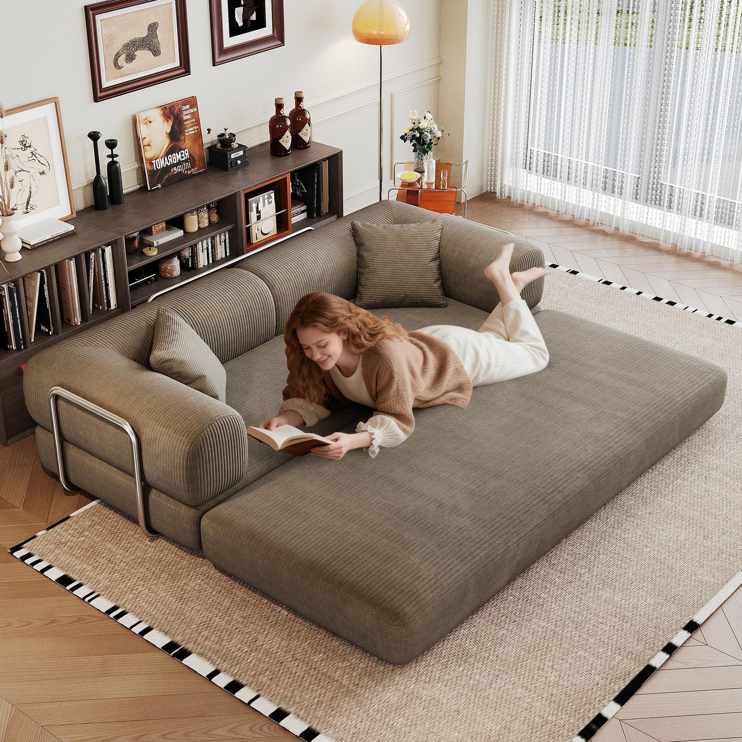 KEIKI 78.8 inch Compression Sofa, Convertible Floor Sofa Bed, Comfy Futon Couch Sleeper Bed, Corduroy Folding Loveseats for Living Room, Camel