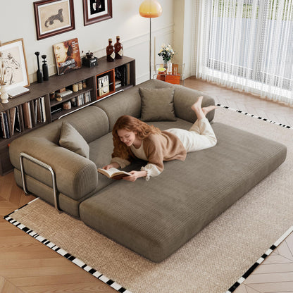 KEIKI 78.8 inch Compression Sofa, Convertible Floor Sofa Bed, Comfy Futon Couch Sleeper Bed, Corduroy Folding Loveseats for Living Room, Camel