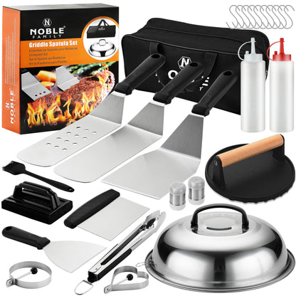 N NOBLE FAMILY 27 PCS Griddle Accessories Kit, Flat Top Grill Accessories Set for Camping, Professional Griddle Spatula Set with Melting Dome, Burger Press for Outdoor BBQ Cooking