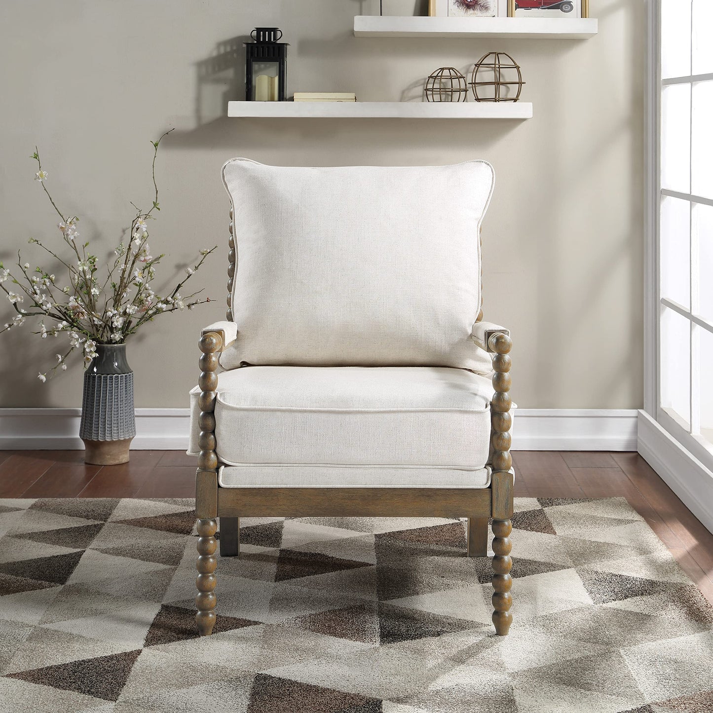 OSP Home Furnishings Fletcher Spindle Accent Chair with Rustic Brown Finish, Linen Upholstery