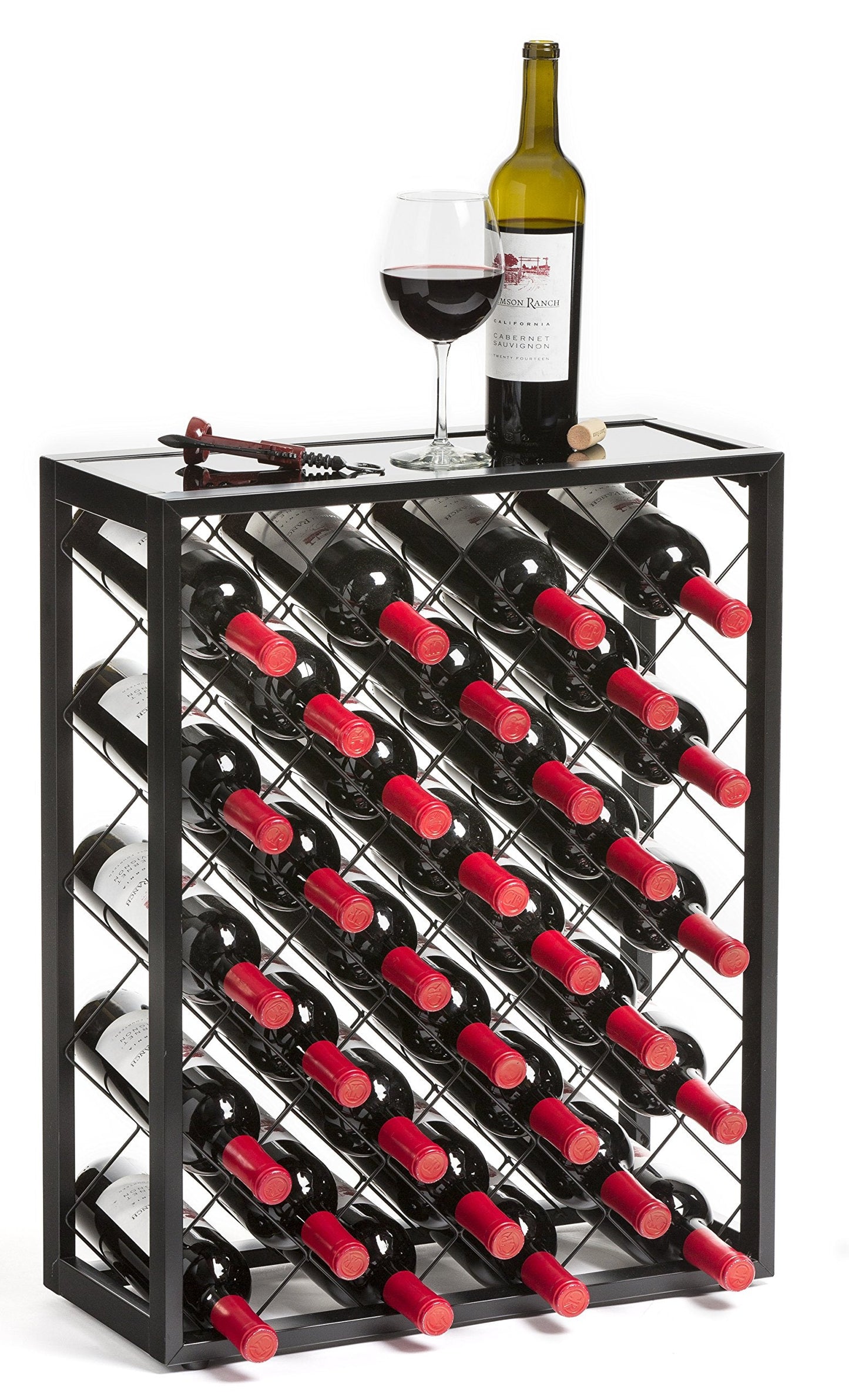 Mango Steam 32 Bottle Wine Rack with Black Glass Top Shelf, Free Standing for Home, Kitchen and Bar