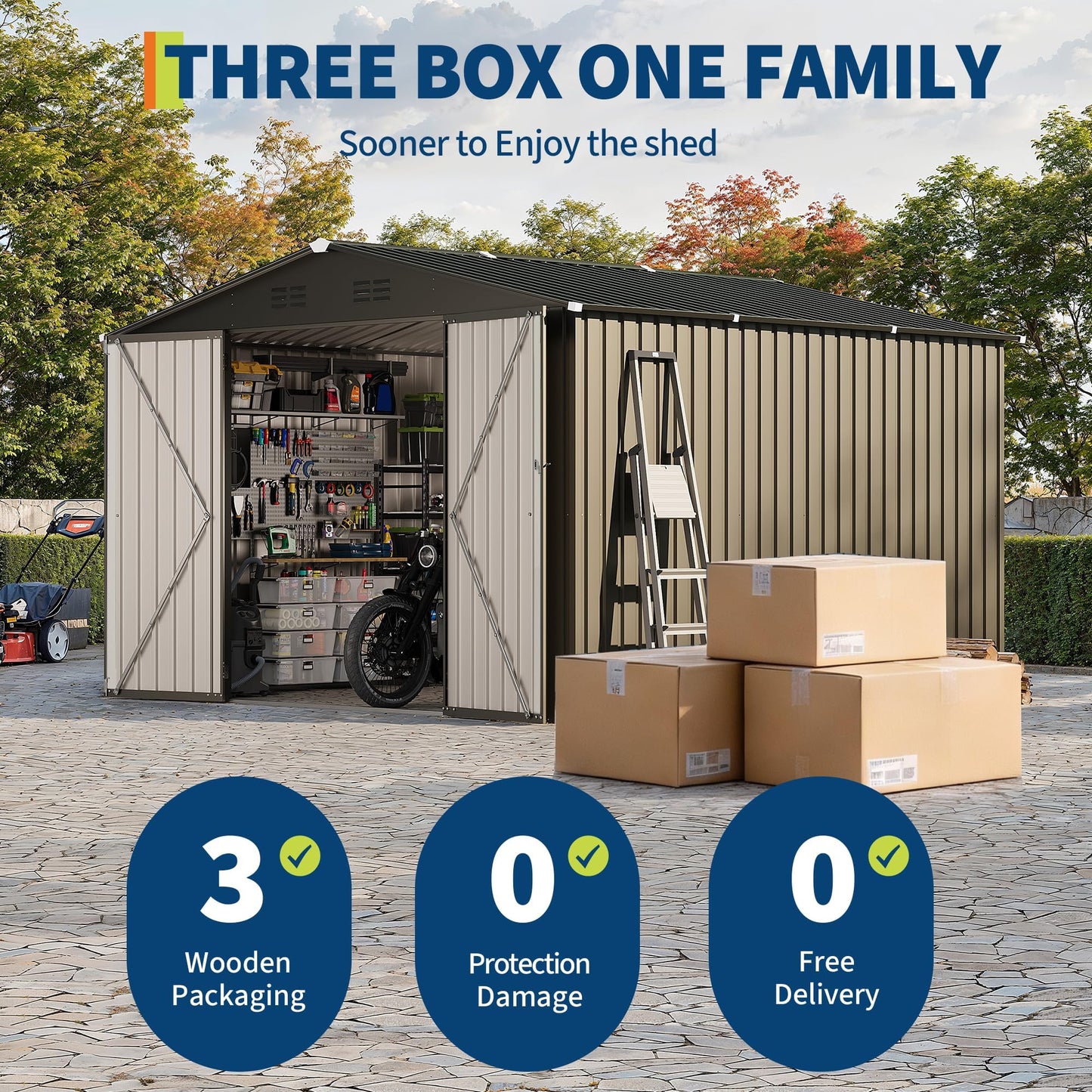 10 X 10 FT Outdoor Storage Shed,Metal Garden Sheds&Outdoor Storage, Lockable Gable Roof Garden Tool Shed, All-Weather Resistant Storage Unit for Bikes, Ladders, Patio Supplies & Garden Essentials